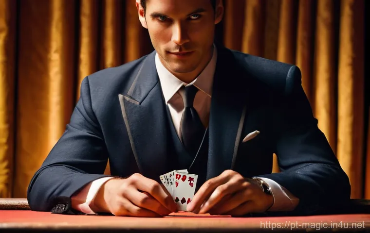마술 기법을 이해하는 법 - **Prompt:** A sophisticated male magician, dressed in a sharp, tailored three-piece suit and a prist...