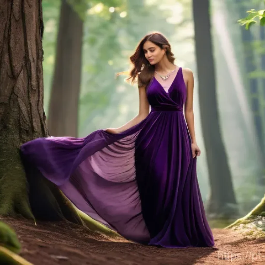 마술 드레스 코드 - A confident woman with an intriguing aura, wearing a flowing, deep eggplant purple maxi dress made o...
