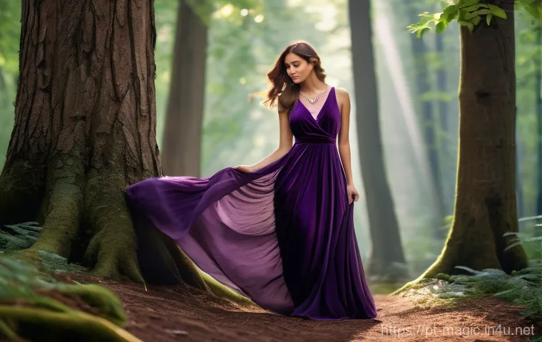 마술 드레스 코드 - A confident woman with an intriguing aura, wearing a flowing, deep eggplant purple maxi dress made o...