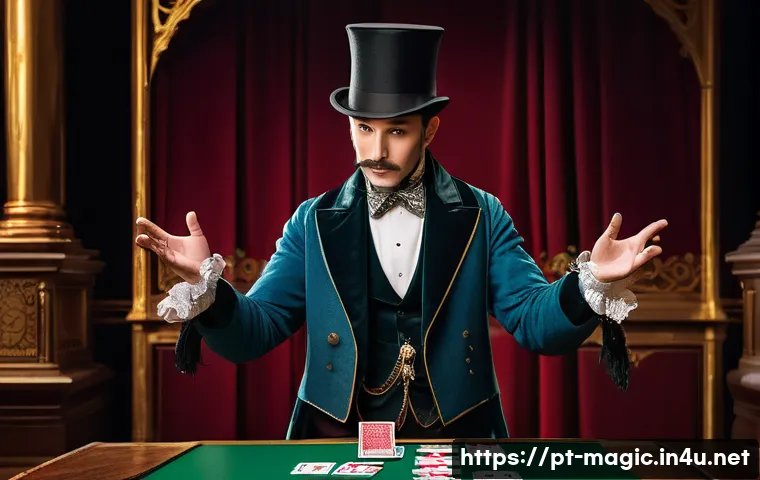 마술의 역사 - A sophisticated 19th-century magician dressed in elegant Victorian attire performing on a richly dec...