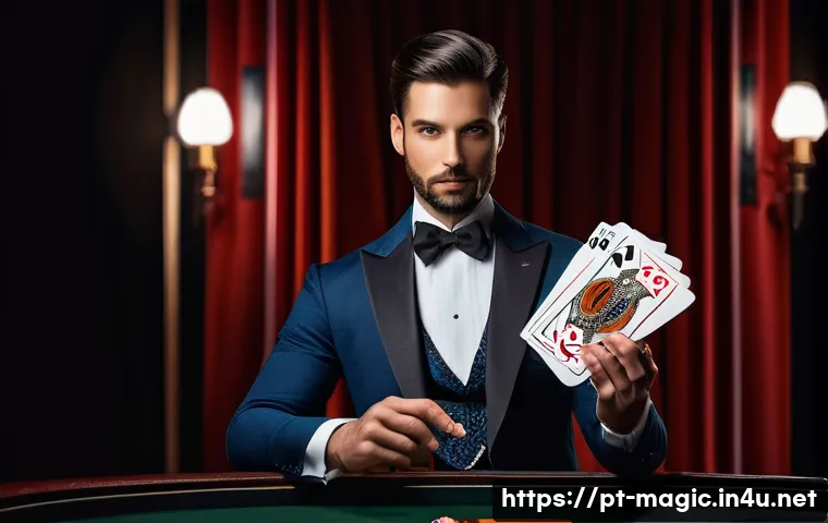 마술 브랜드 - A professional magician performing on stage with a custom-designed deck of playing cards featuring v...