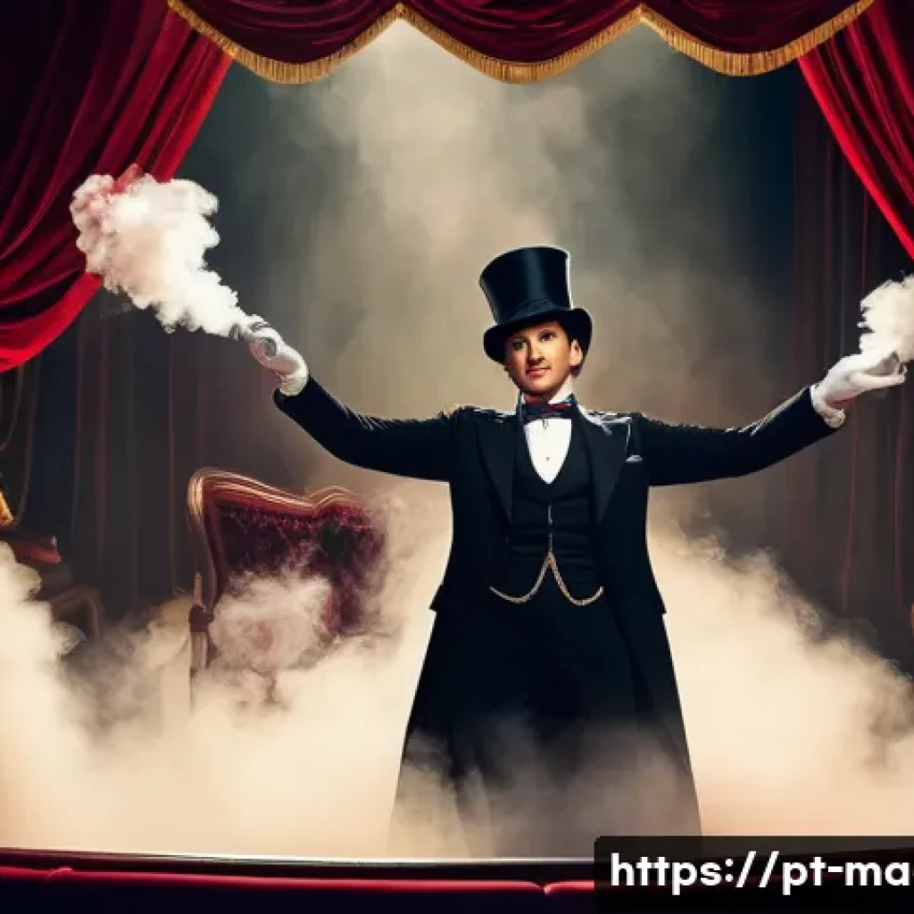 마술 쇼의 종류 - A grand stage illusion scene inside a large theater with elaborate Victorian-style scenery, dramatic...