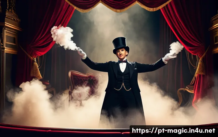 마술 쇼의 종류 - A grand stage illusion scene inside a large theater with elaborate Victorian-style scenery, dramatic...