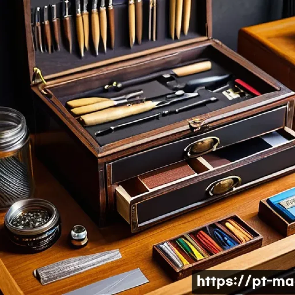 마술 소품 도구 제작 - A detailed, close-up image of a magician’s workbench featuring essential tools for crafting magic pr...