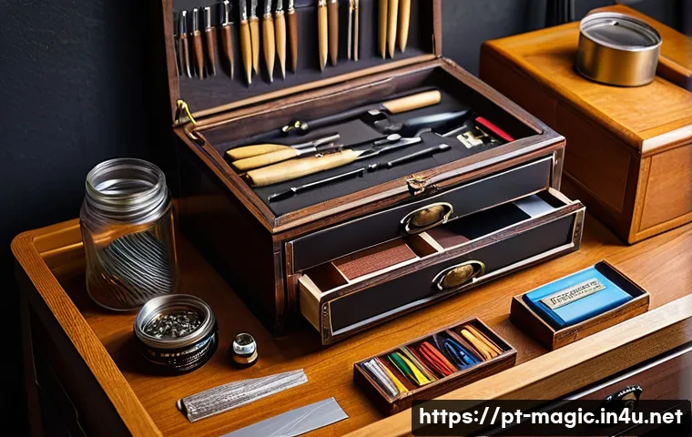 마술 소품 도구 제작 - A detailed, close-up image of a magician’s workbench featuring essential tools for crafting magic pr...