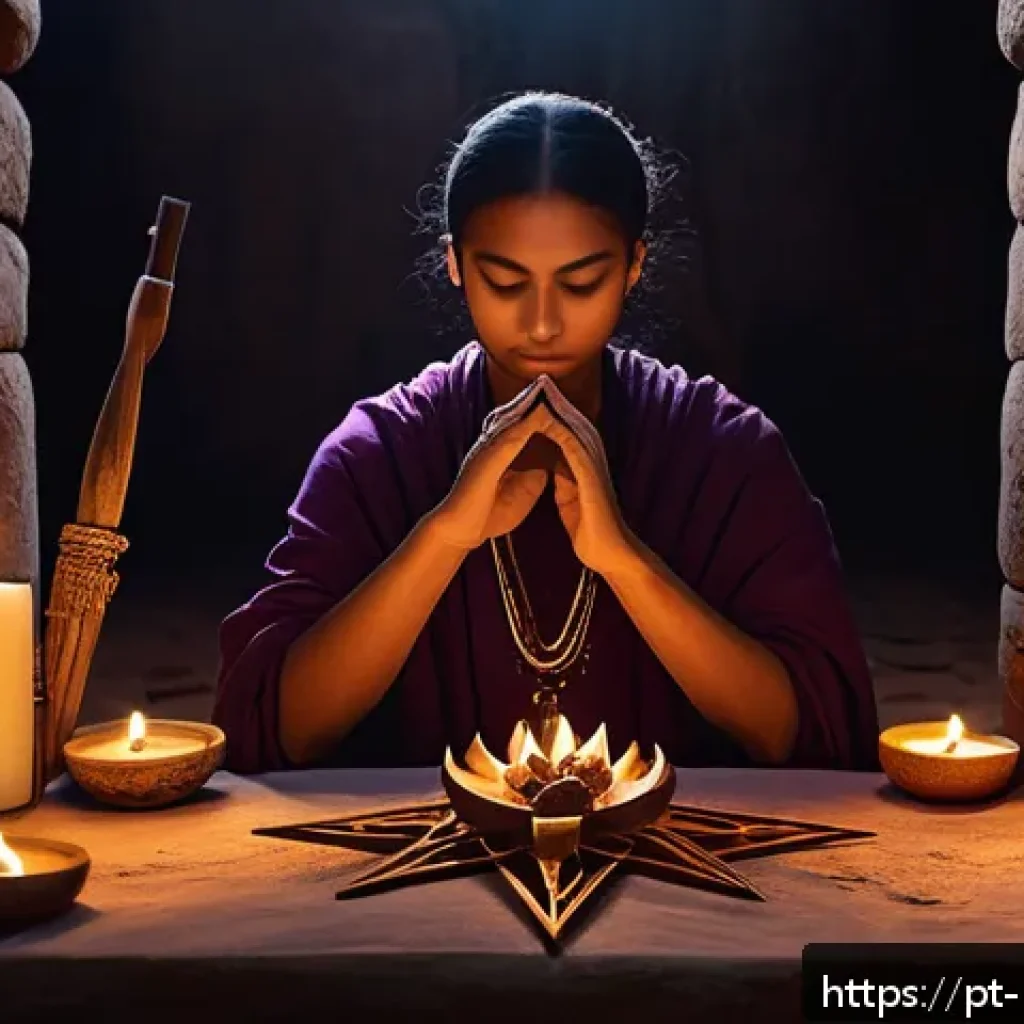 마술에 대한 궁금증 해소 - A detailed scene of a mystical ritual room with warm candlelight illuminating ancient symbols and ma...