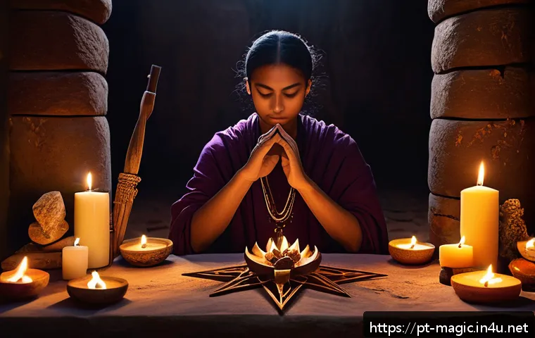 마술에 대한 궁금증 해소 - A detailed scene of a mystical ritual room with warm candlelight illuminating ancient symbols and ma...