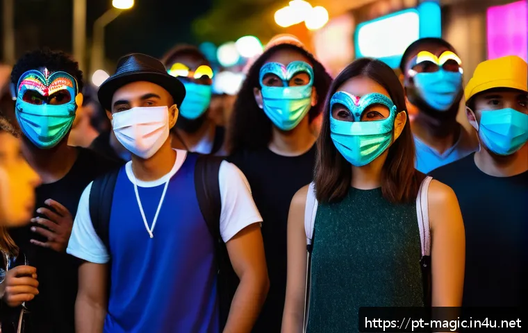 마술 마스크 - A vibrant Brazilian Carnival scene featuring a young adult wearing a high-tech LED mask with synchro...