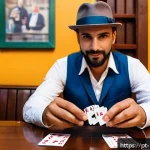 마술 도구 - A skilled magician performing close-up magic tricks at a small, cozy café setting in Brazil, using s...