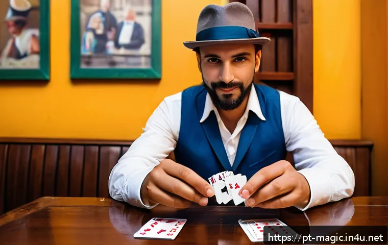 마술 도구 - A skilled magician performing close-up magic tricks at a small, cozy café setting in Brazil, using s...