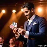 마술 공연에서 중요한 스토리와 테마 - A charismatic magician performing on a warmly lit stage designed with rich, warm tones and subtle st...