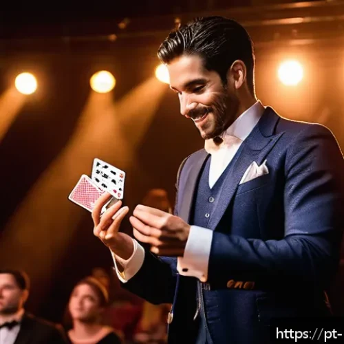 마술 공연에서 중요한 스토리와 테마 - A charismatic magician performing on a warmly lit stage designed with rich, warm tones and subtle st...