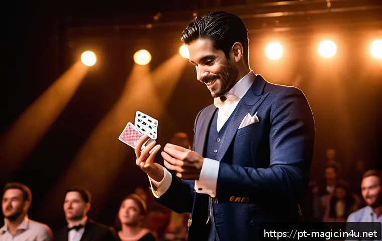 마술 공연에서 중요한 스토리와 테마 - A charismatic magician performing on a warmly lit stage designed with rich, warm tones and subtle st...