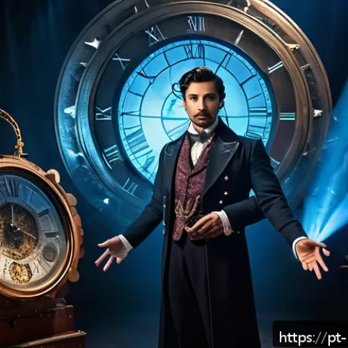 마술쇼 기획 - A captivating magic show scene themed "Time Travel," featuring a charismatic magician dressed in a d...