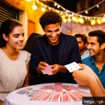 마술 온라인 강의 - A skilled magician performing close-up card magic at a lively Brazilian party, wearing casual but ne...