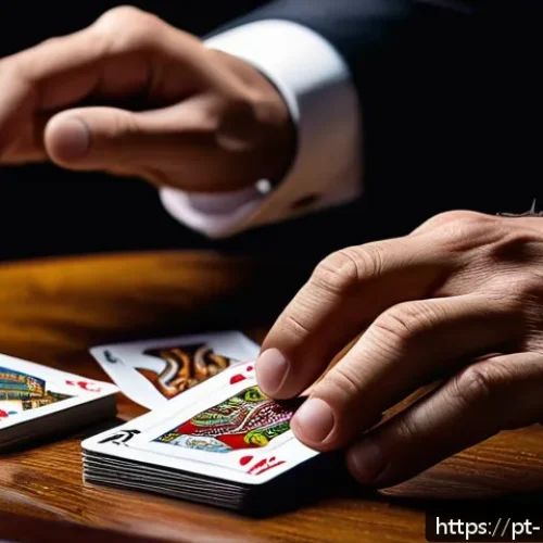 마술 카드의 종류 - A close-up image of a magician’s hands skillfully manipulating a classic Bicycle playing card deck w...